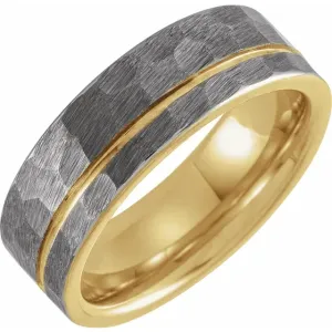 18K Yellow Gold PVD 8mm Hammered Textured Grooved Tungsten Band