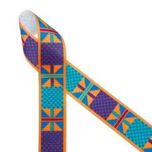 Ankara Kente African design ribbon orange, turquoise, red and blue  printed on 1.5" white grosgrain ribbon