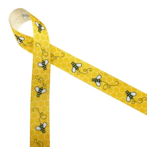 Buzzing Bees Ribbon with a yellow comb background on 7/8" " white grosgrain