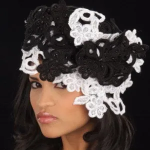 BW2436- Ladies straw Hat Black/White hand beaded lace