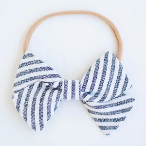 Classic Hair Bow Clip Or Headband / Navy Linen Stripe