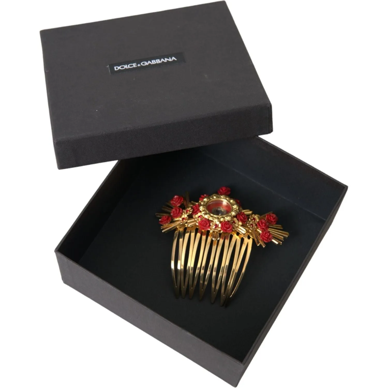 Dolce & Gabbana Gold Brass Crystal Heart Floral Hair Comb