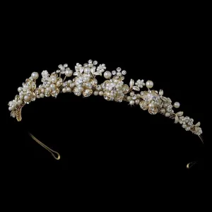 Elegant Pearl & Crystal Gold Bridal Tiara