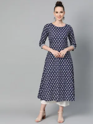 Navy Blue & White Floral Printed A-Line Cotton Kurta