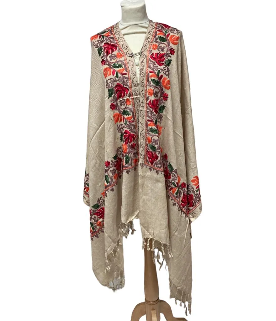 New Women Embroidery Floral Border Shawl with Beads Casual Shawl