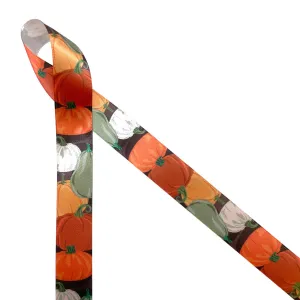 Pumpkin ribbon for Autumn  printed on 7/8" white satin