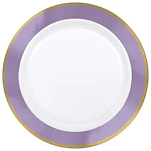 Round Premium Plastic Dinner & Dessert Plates Bright Lavender & Gold Border | 20 pc