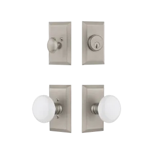 Studio Entry Set with White Porcelain Knob in Satin Nickel