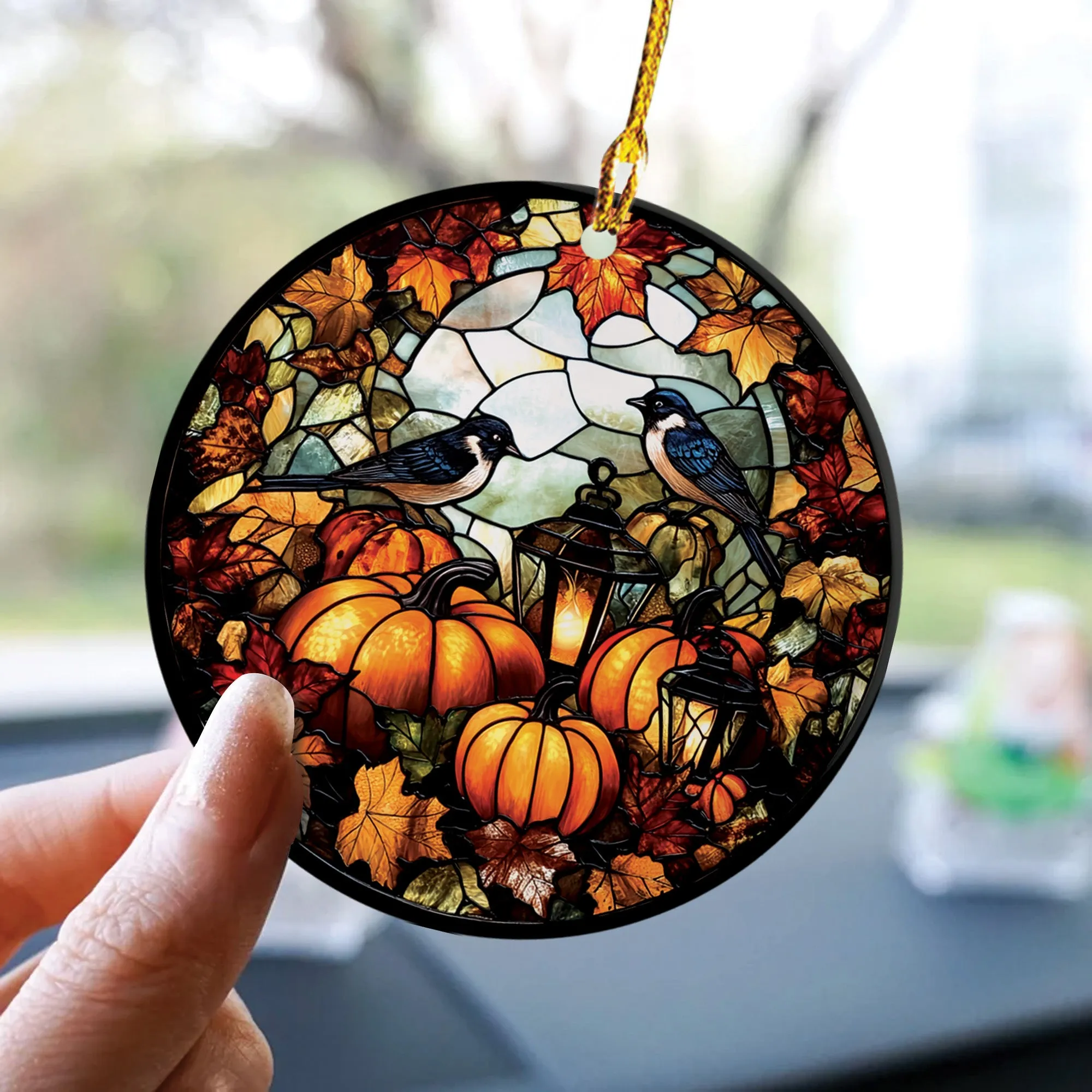 Teesdily | Birds And Pumpkin Flowers Halloween Ceramic Ornament, Halloween Pumpkin Stained Glass Acrylic Ornament, Halloween Spooky Season Gifts