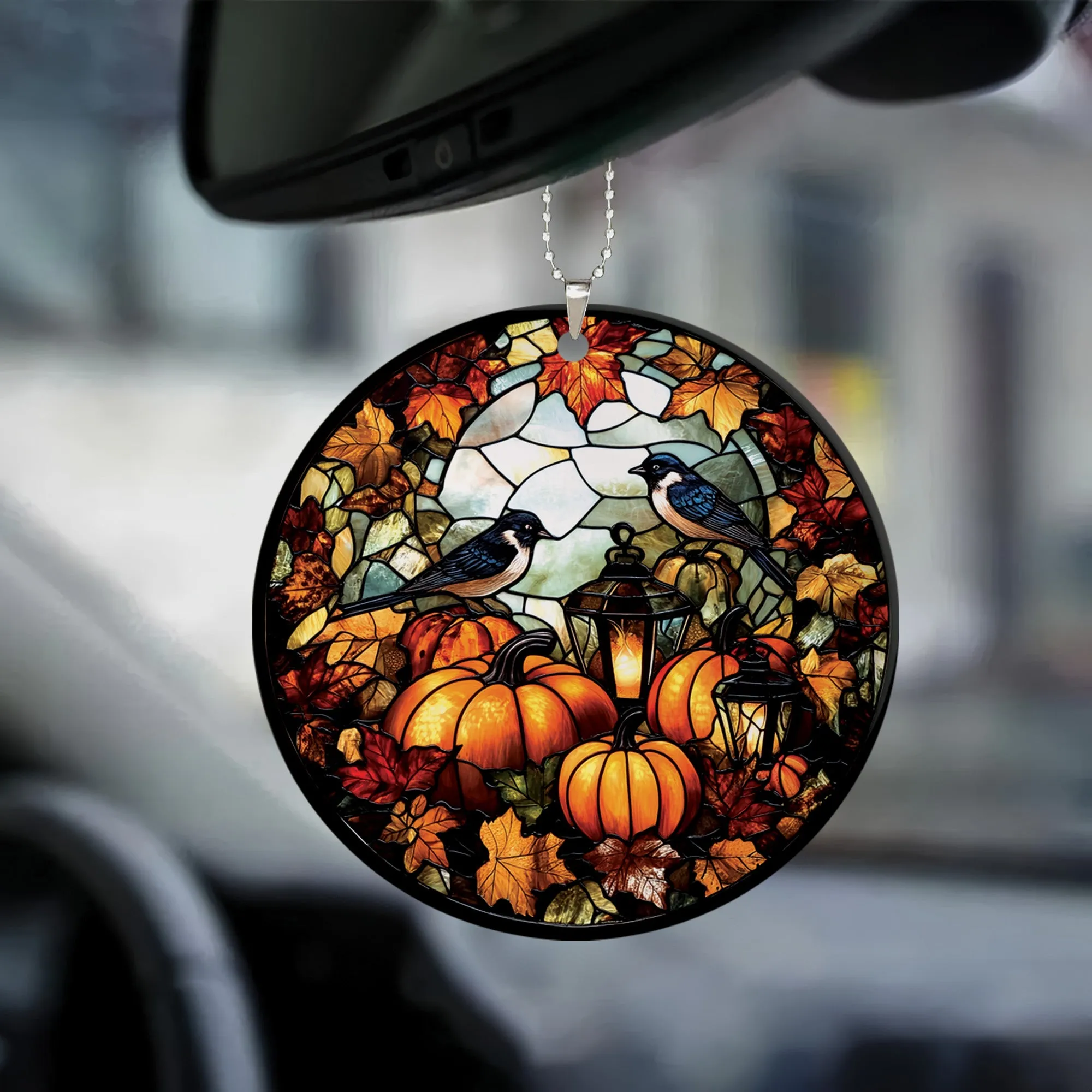 Teesdily | Birds And Pumpkin Flowers Halloween Ceramic Ornament, Halloween Pumpkin Stained Glass Acrylic Ornament, Halloween Spooky Season Gifts