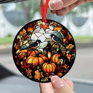 Teesdily | Birds And Pumpkin Flowers Halloween Ceramic Ornament, Halloween Pumpkin Stained Glass Acrylic Ornament, Halloween Spooky Season Gifts