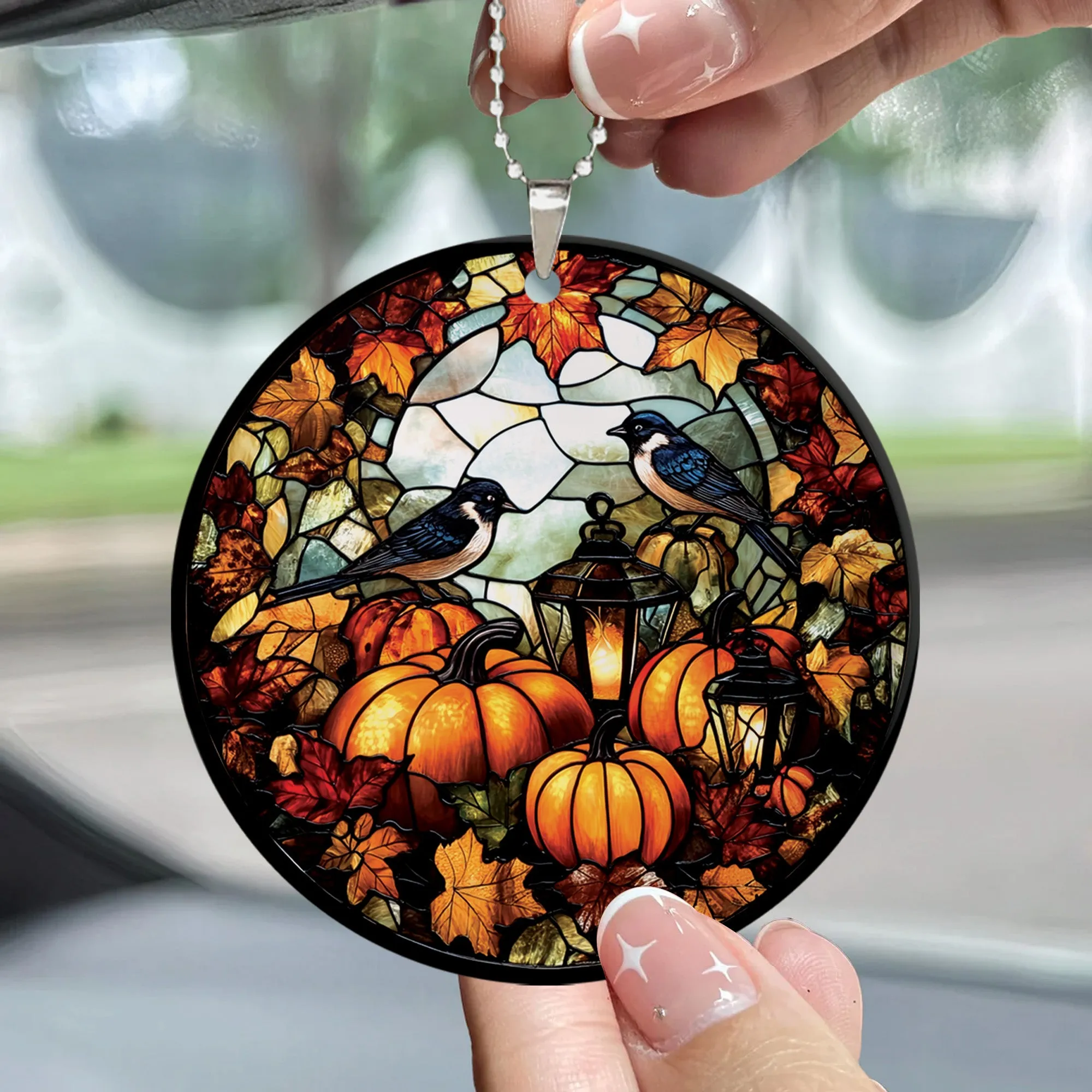 Teesdily | Birds And Pumpkin Flowers Halloween Ceramic Ornament, Halloween Pumpkin Stained Glass Acrylic Ornament, Halloween Spooky Season Gifts