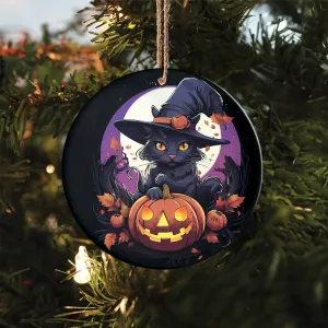 Teesdily | Black Cat Halloween Ceramic Ornament, Happy Halloween Spooky Kitten Circle Acrylic Ornament, Halloween Home Decor Gifts, Cat Lovers Gifts