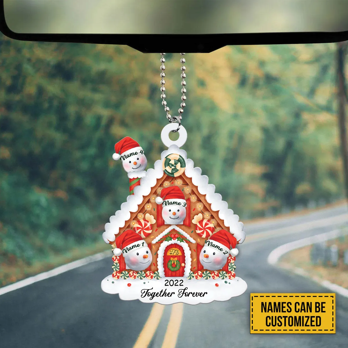 Teesdily | Christmas Ginger Bread House Personalized Ornament Family Together Forever Rear View Mirror Hanging Cute Christmas Tree Decoration