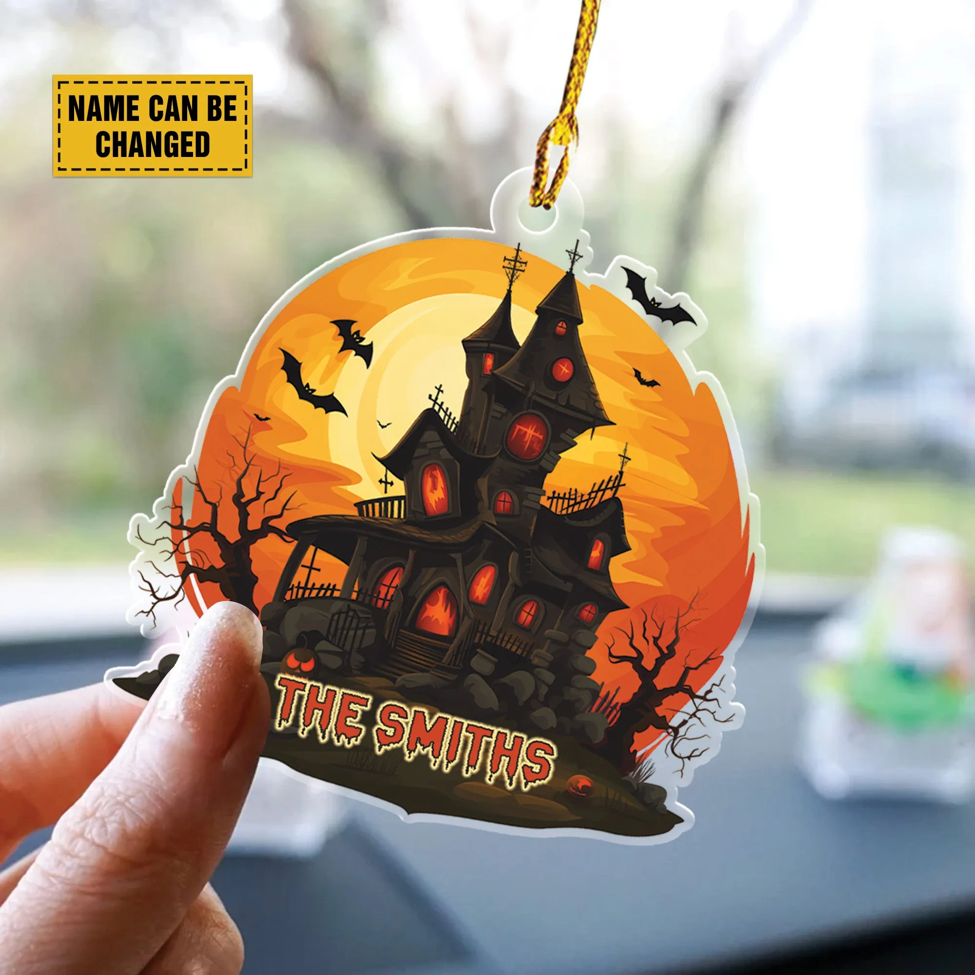 Teesdily | Customized Halloween Haunted House Ornament Car Hanger Rear View Mirror, Pumpkin Bat Spooky Halloween Decor, Holiday Halloween Gifts