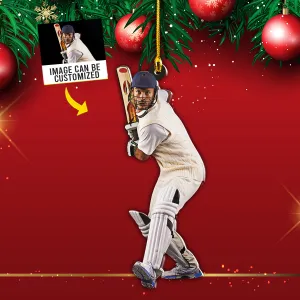 Teesdily | Customized Photo Cricketer Christmas Ornament Cricket Player Personalized Custom Shaped Acrylic Photo Ornament Sport Lover Gifts