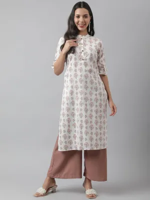 White & Pink Floral Printed Straight Kurta