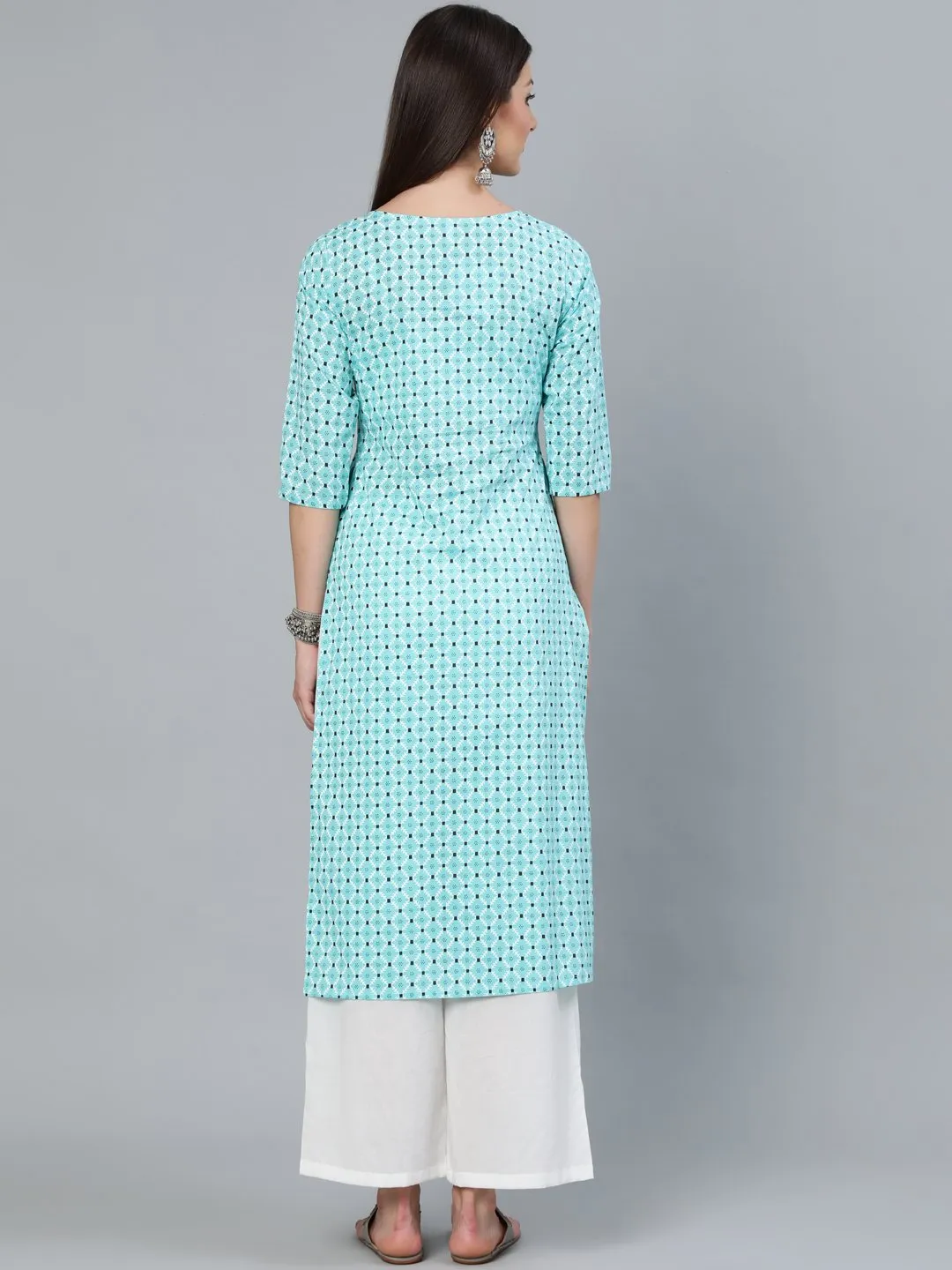 Women Aqua Blue Geometric Printed Straight Kurta With Off White Plazo