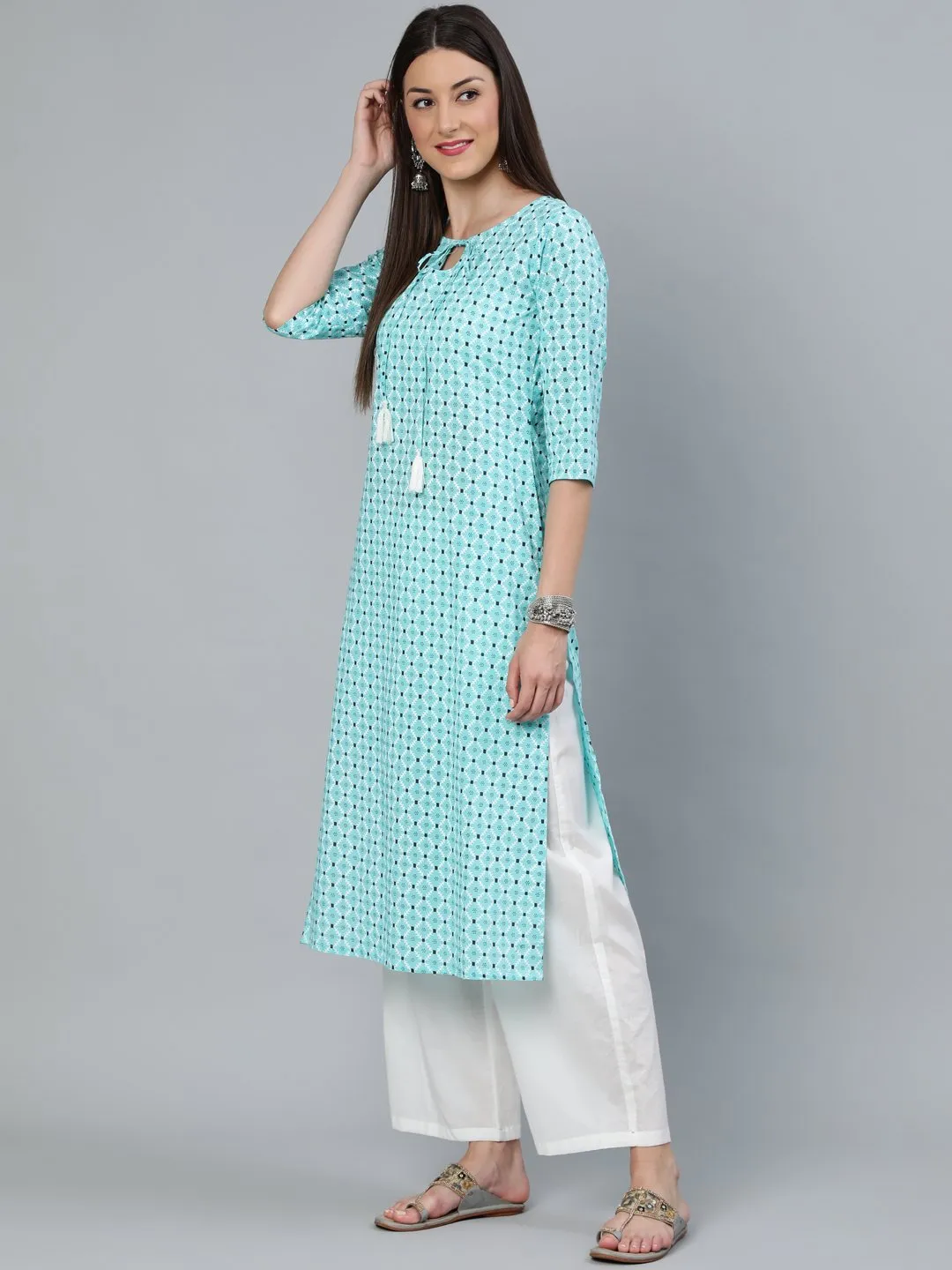 Women Aqua Blue Geometric Printed Straight Kurta With Off White Plazo