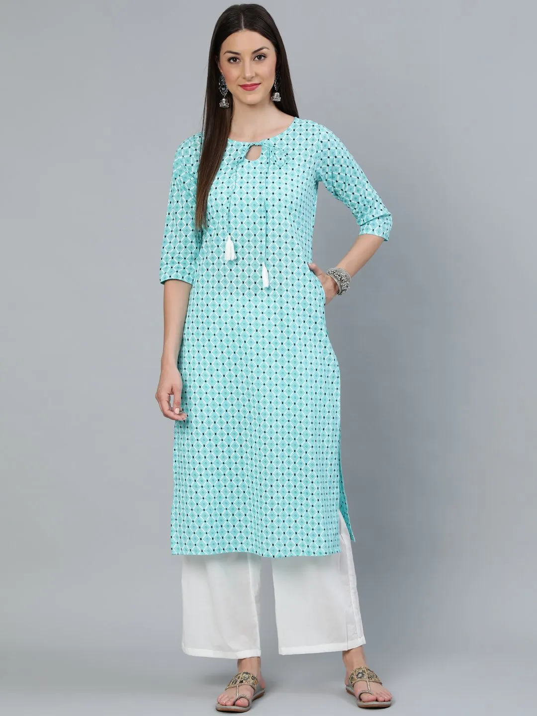 Women Aqua Blue Geometric Printed Straight Kurta With Off White Plazo