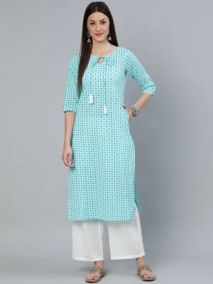 Women Aqua Blue Geometric Printed Straight Kurta With Off White Plazo