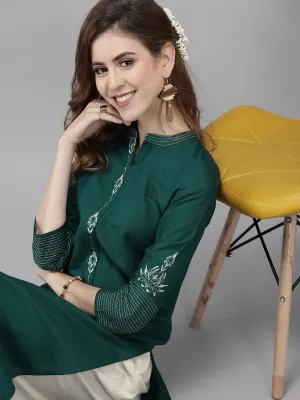 Women Green & Off-White Embroidered Kurta Set