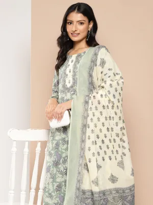 Women Green And Off White Pure Cotton Kurta Set With Dupatta